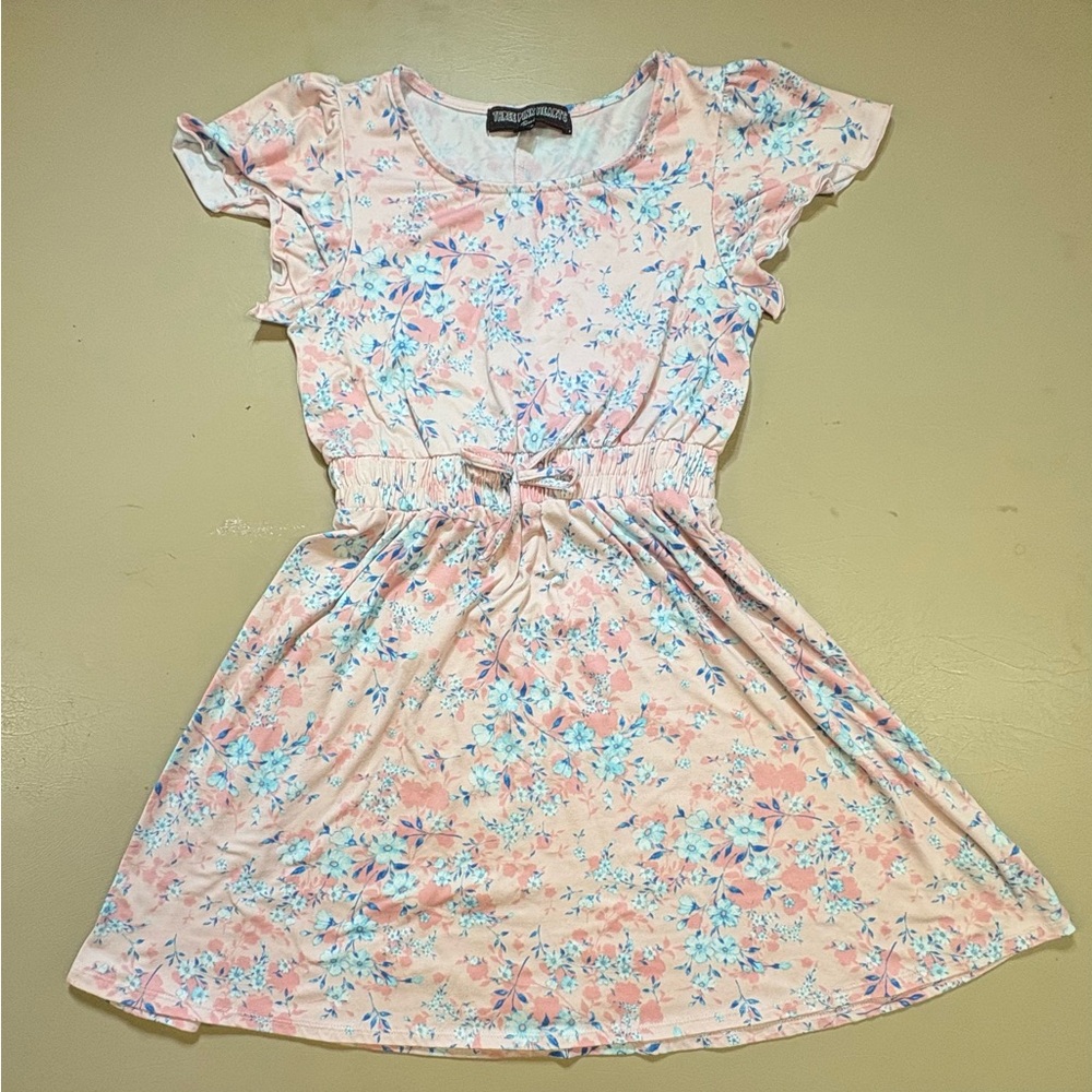 Three Hearts Pink and Blue Floral Kids Dress